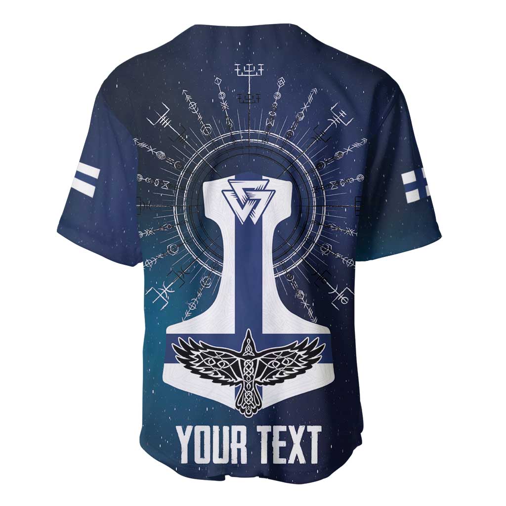 Dark blue baseball jersey with white hammer emblem, runes, and YOUR TEXT print