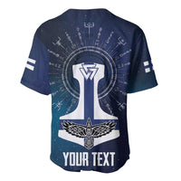 Dark blue baseball jersey with white hammer emblem, runes, and YOUR TEXT print