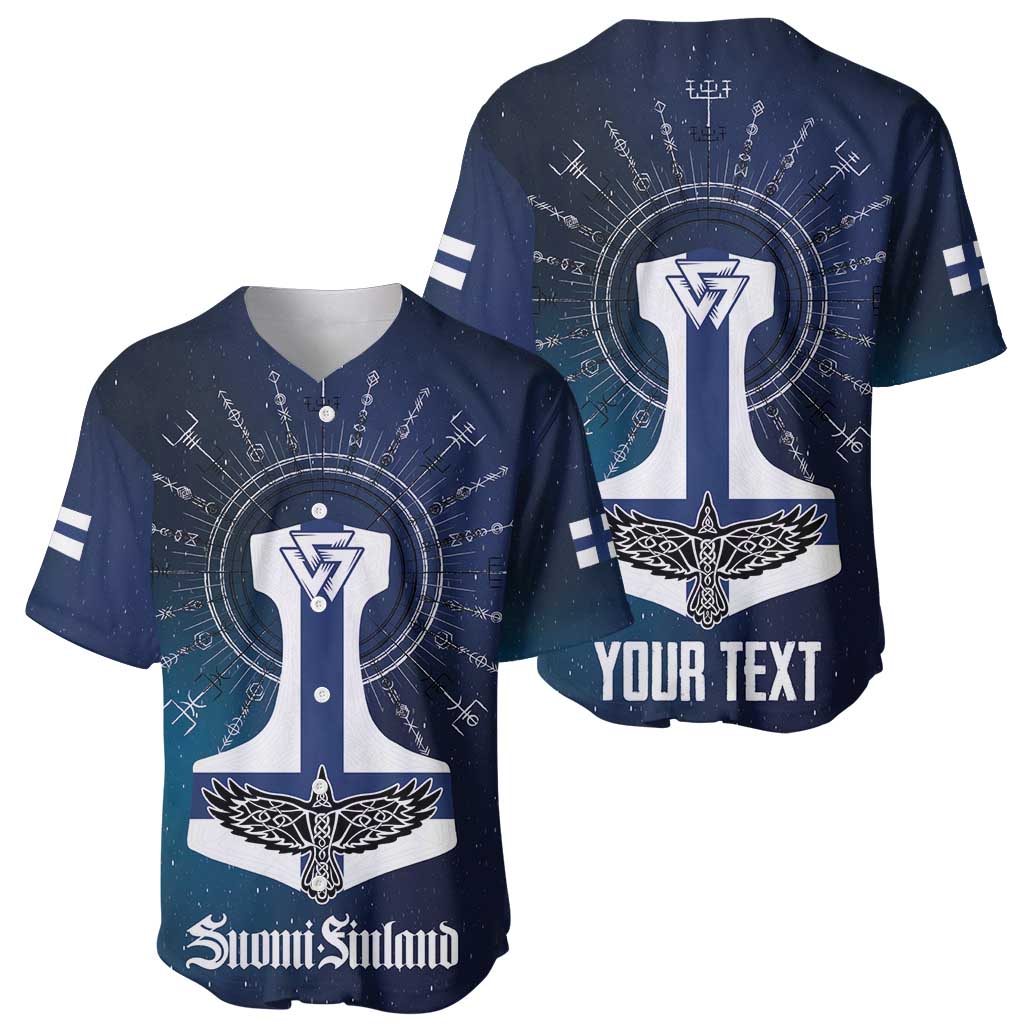 Pair of dark blue baseball jerseys with white hammer emblem, runes, and winged cross