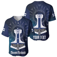 Pair of dark blue baseball jerseys with white hammer emblem, runes, and winged cross