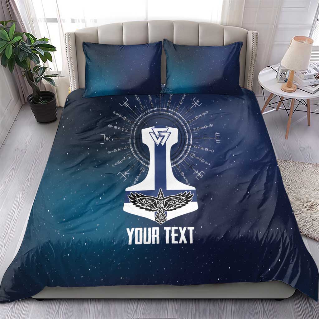 Navy galaxy bedding set with rune sword emblem on duvet and two matching pillows