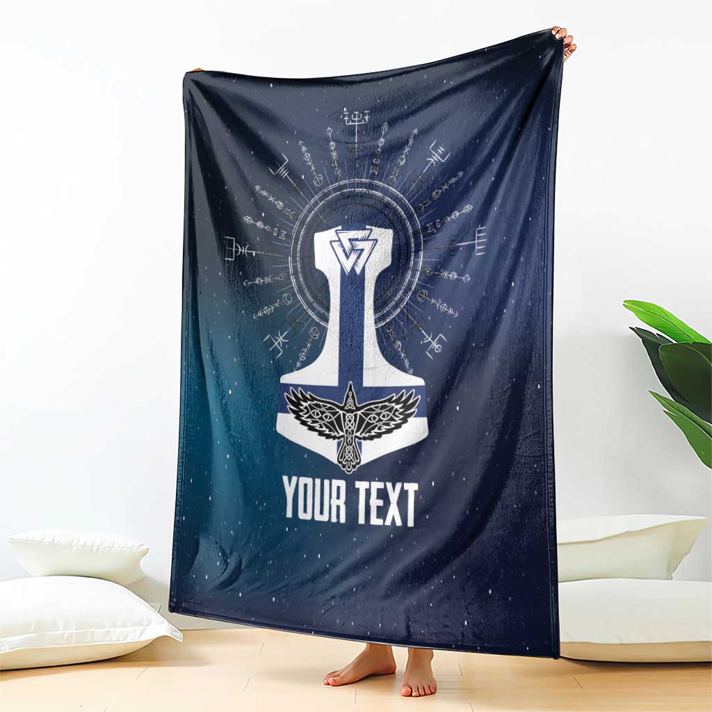 Navy Viking blanket hanging display with white Thor emblem and 'YOUR TEXT'