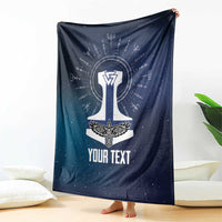 Navy Viking blanket hanging display with white Thor emblem and 'YOUR TEXT'