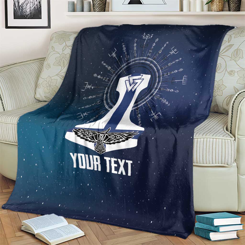 Navy Viking blanket on cream armchair with white Thor emblem and 'YOUR TEXT'