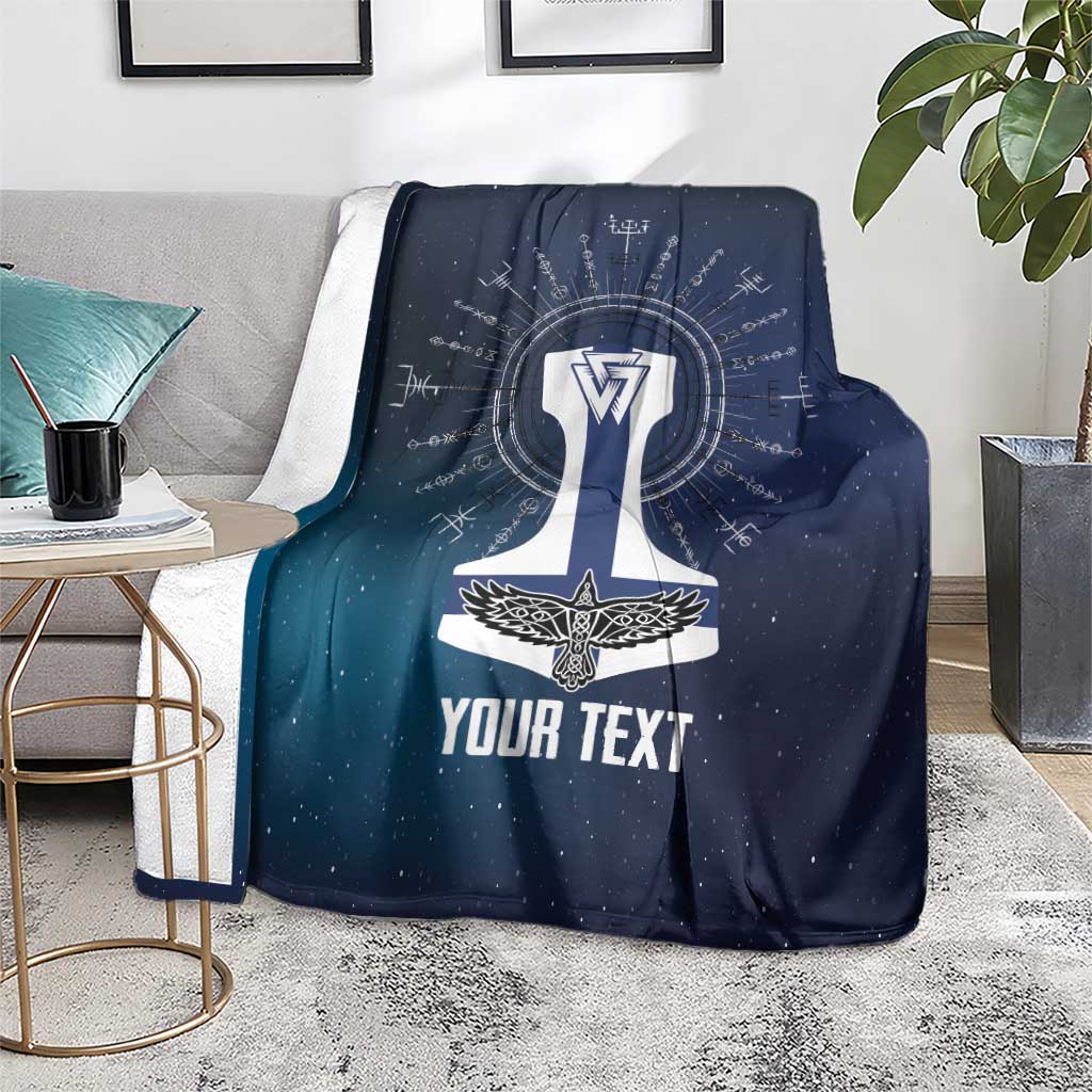 Navy Viking blanket spread on carpet with white Thor emblem and 'YOUR TEXT'