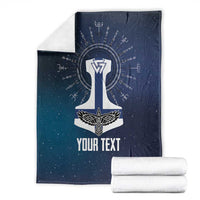 Navy Viking blanket with white Thor emblem and 'YOUR TEXT', with folded white towels