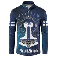 Navy button sweatshirt with rune axe emblem, winged cross, “Suomi Finland” print