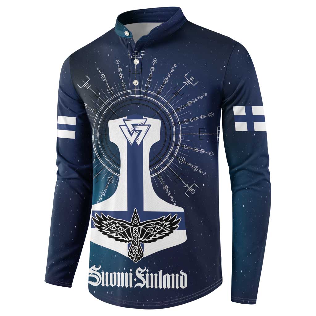 Navy button sweatshirt with rune axe graphic, winged cross, “Suomi Finland” text