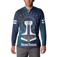 Men’s navy button sweatshirt with rune axe emblem, winged cross, “Suomi Finland” print