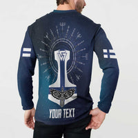Men’s navy button sweatshirt, back print with rune axe, winged cross, “YOUR TEXT”