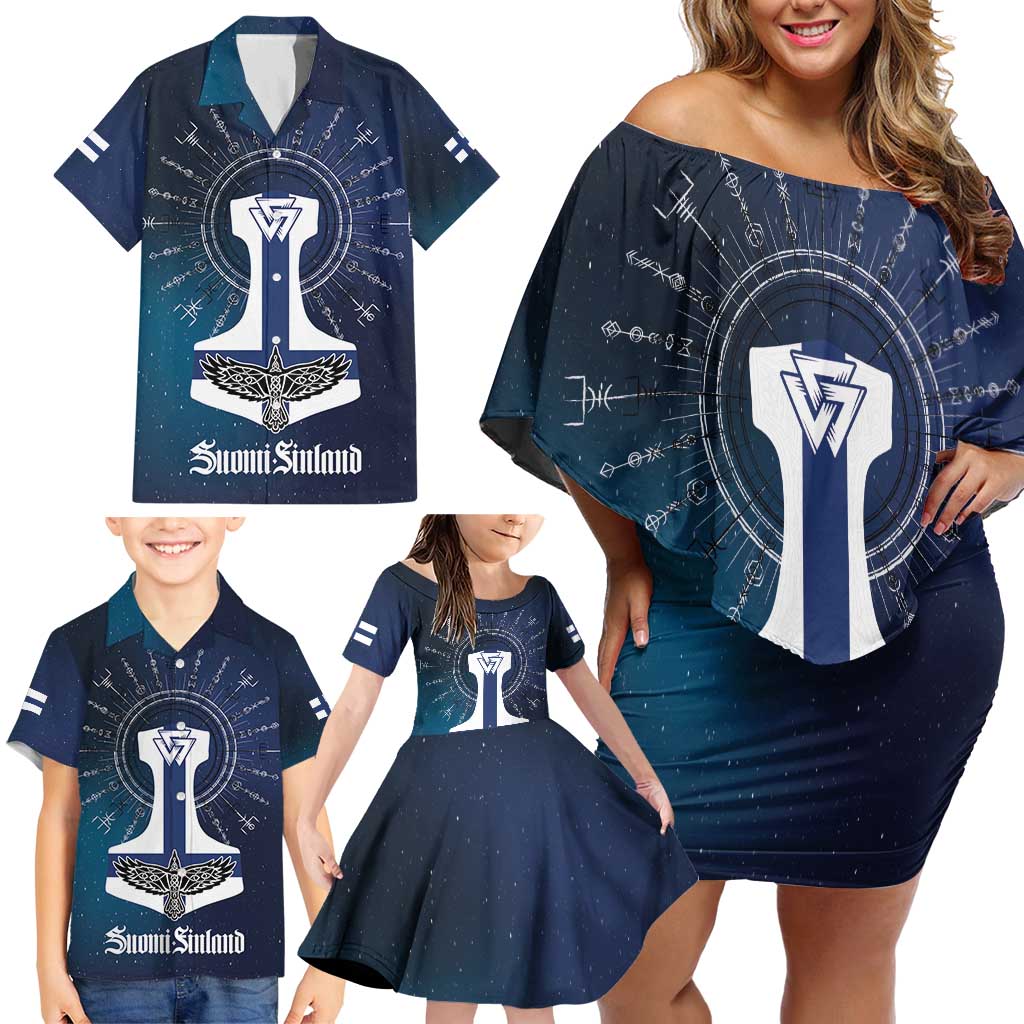 Personalized Finland Drakkar Vikings Family Matching Off Shoulder Short Dress and Hawaiian Shirt Suomi Flag Viking Thor Runes