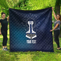 Navy quilted outdoor throw blanket featuring sword emblem and “YOUR TEXT”