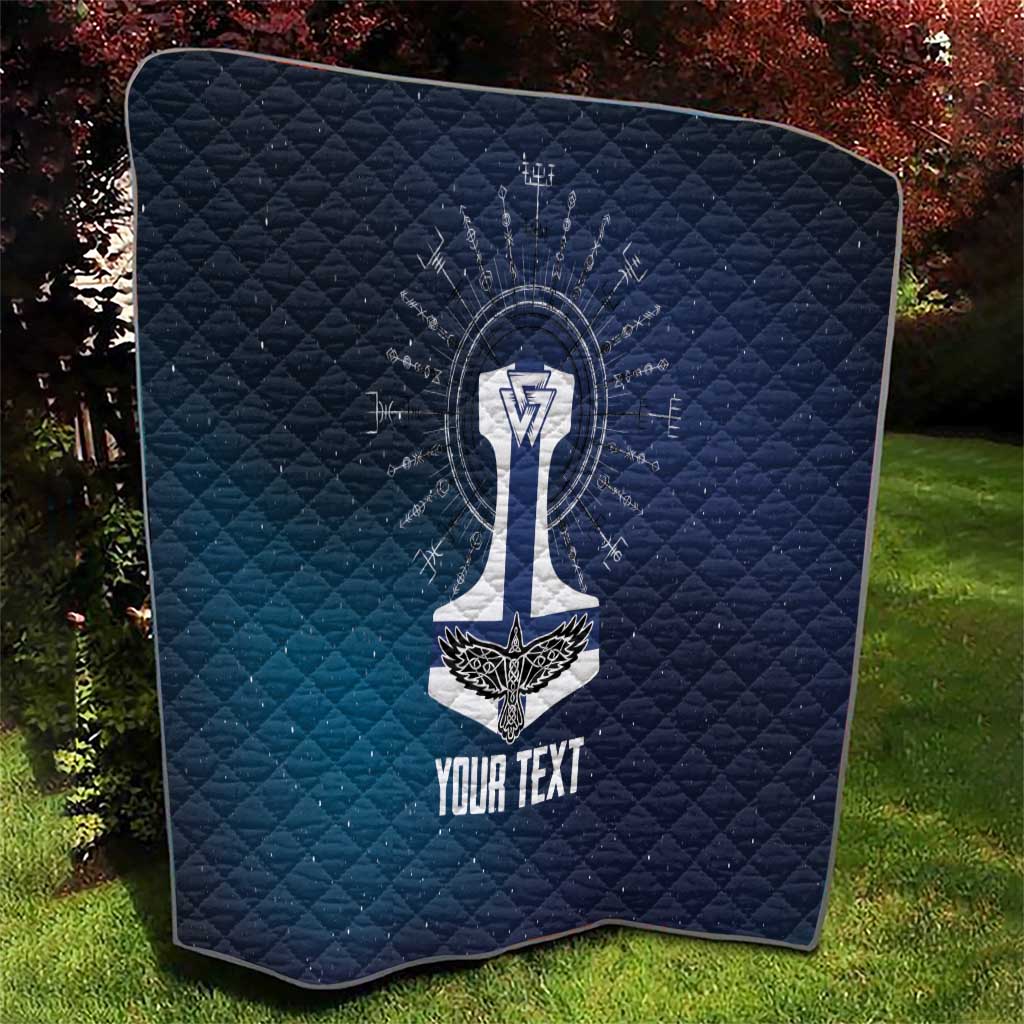 Dark blue quilted blanket with central sword rune graphic and “YOUR TEXT”