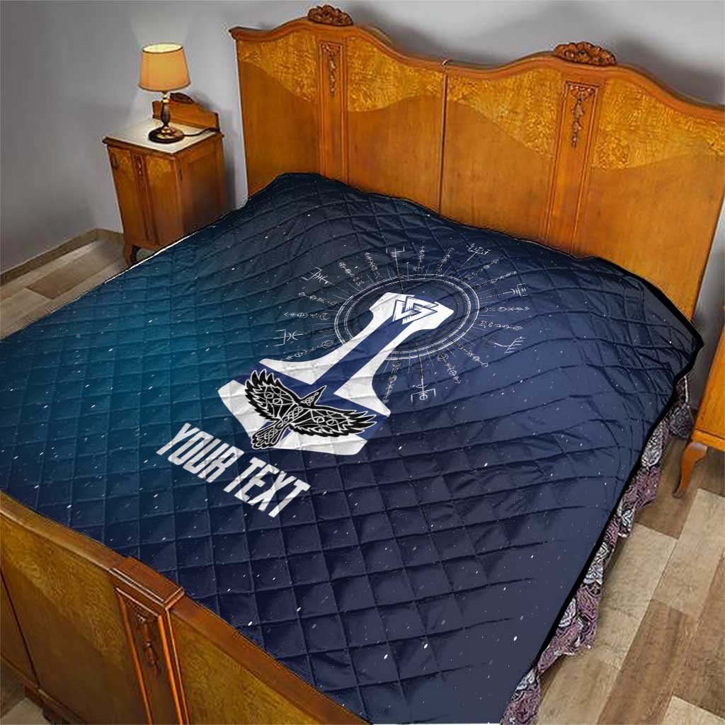 Quilted dark blue bed throw blanket with sword emblem and “YOUR TEXT” text