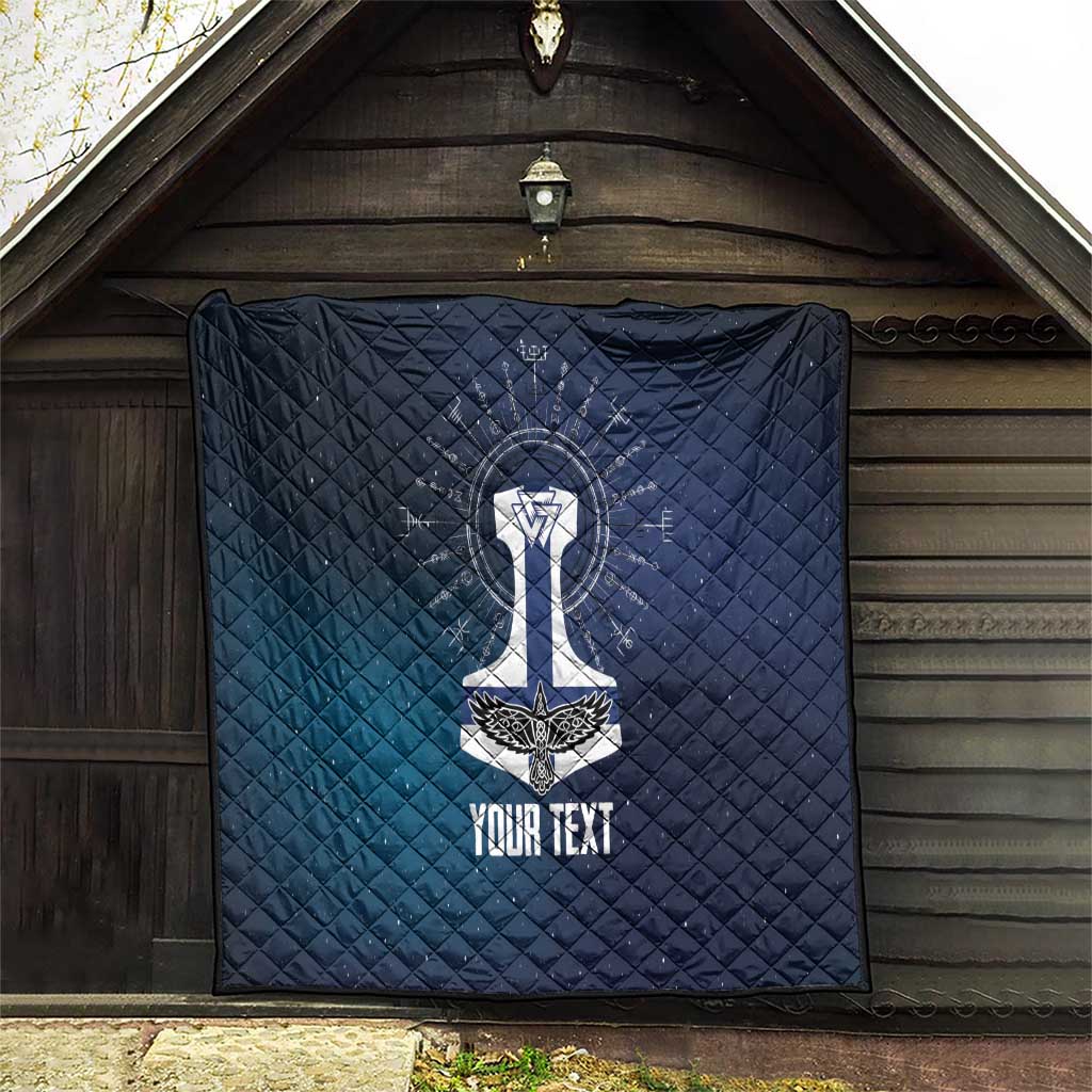 Navy quilted wall-hung blanket with sword rune emblem and “YOUR TEXT”