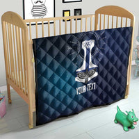 Navy quilted baby blanket with sword rune design and “YOUR TEXT”
