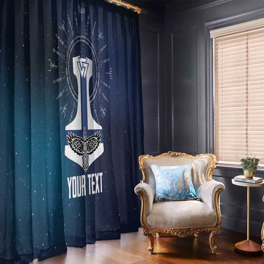 Navy hanging curtain with large white Viking cross, rune motifs, and placeholder custom text.