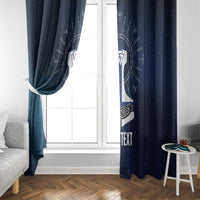 Navy window curtain pair with white Viking cross panel and rune pattern, custom text shown.
