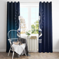 Navy curtain with white Viking cross design and rune background, hung on metal grommets.