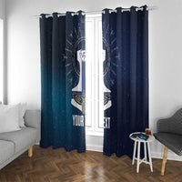 Navy window curtain pair with white Viking cross emblem and rune motifs, top hanging rings.