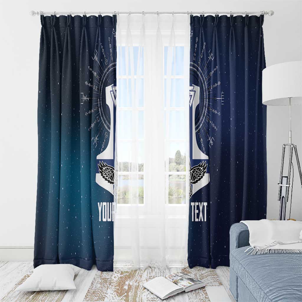 Navy window curtain with white Viking cross and wings, rune pattern, and custom text area.