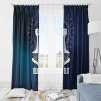 Navy window curtain with white Viking cross and wings, rune pattern, and custom text area.