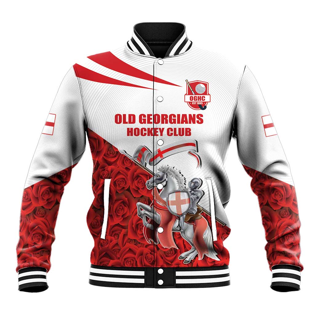 Red and white baseball jacket with striped ribbed collar, snap buttons, and hockey crest graphic