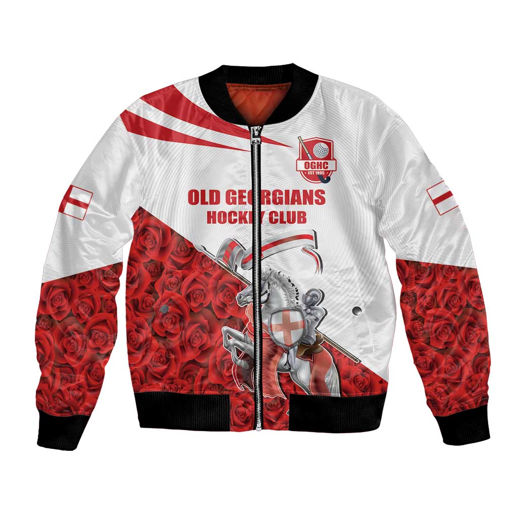 White bomber jacket with red rose graphic, hockey players, black ribbed trim, zip front.