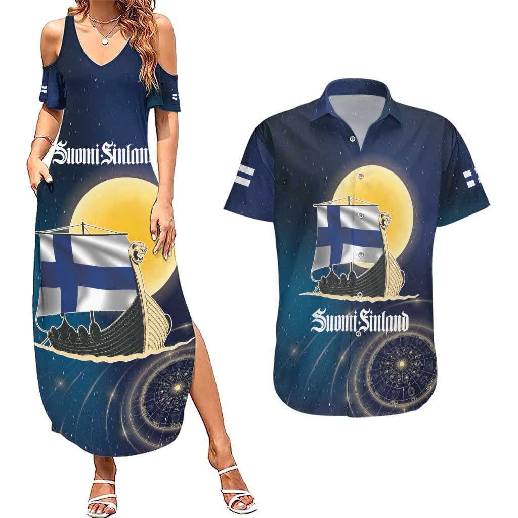 Personalized Finland Drakkar Vikings Couples Matching Summer Maxi Dress and Hawaiian Shirt Longships with Vegvisir