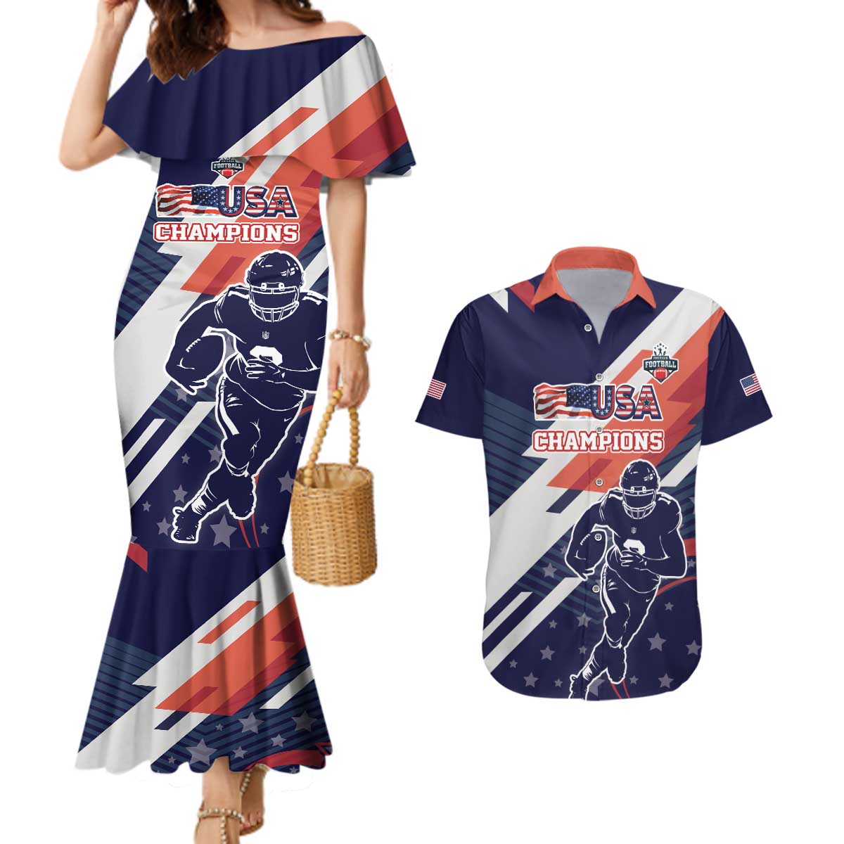 Custom United States American Football Couples Matching Mermaid Dress and Hawaiian Shirt USA Go Champions Sporty Style