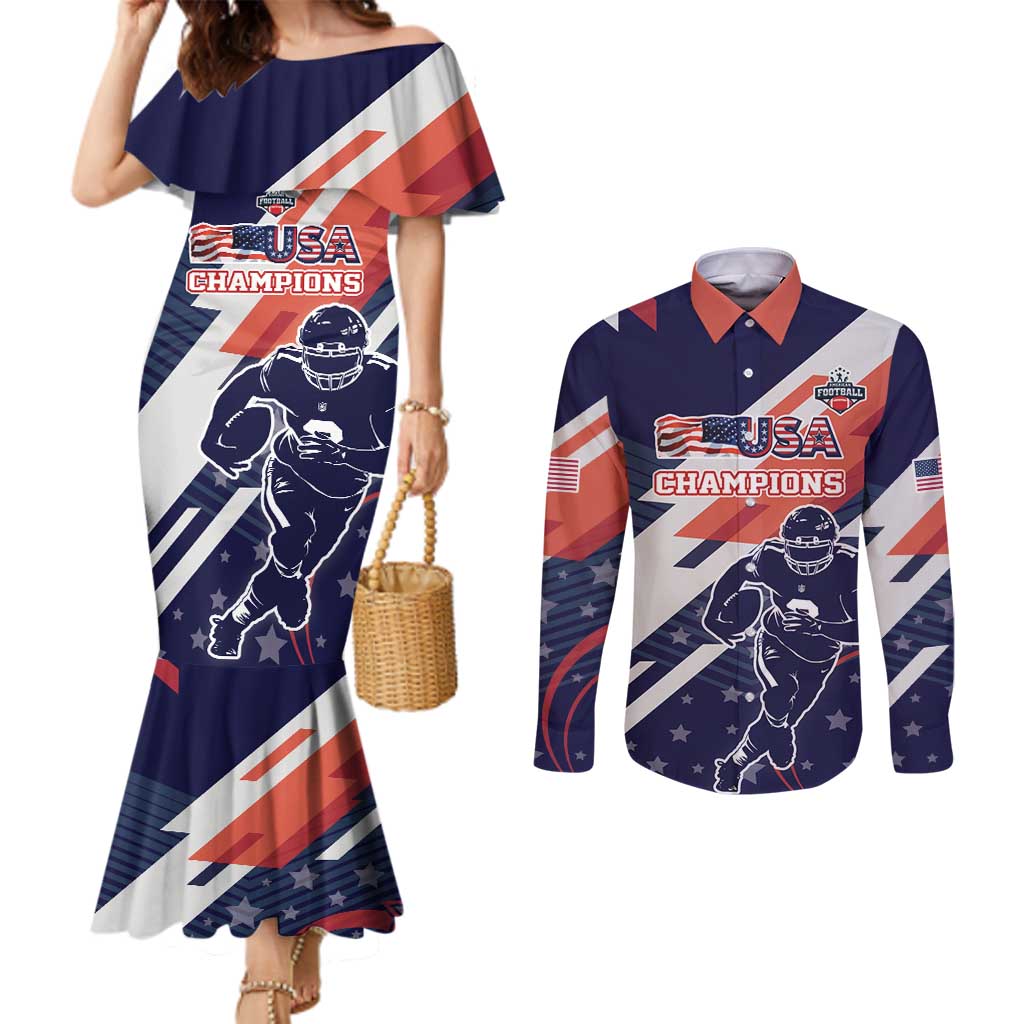 Custom United States American Football Couples Matching Mermaid Dress and Long Sleeve Button Shirt USA Go Champions Sporty Style