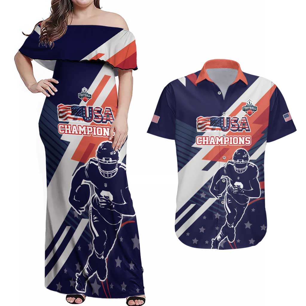 Custom United States American Football Couples Matching Off Shoulder Maxi Dress and Hawaiian Shirt USA Go Champions Sporty Style