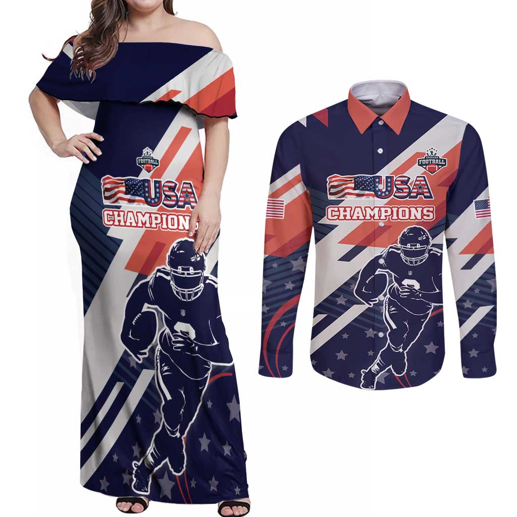 Custom United States American Football Couples Matching Off Shoulder Maxi Dress and Long Sleeve Button Shirt USA Go Champions Sporty Style