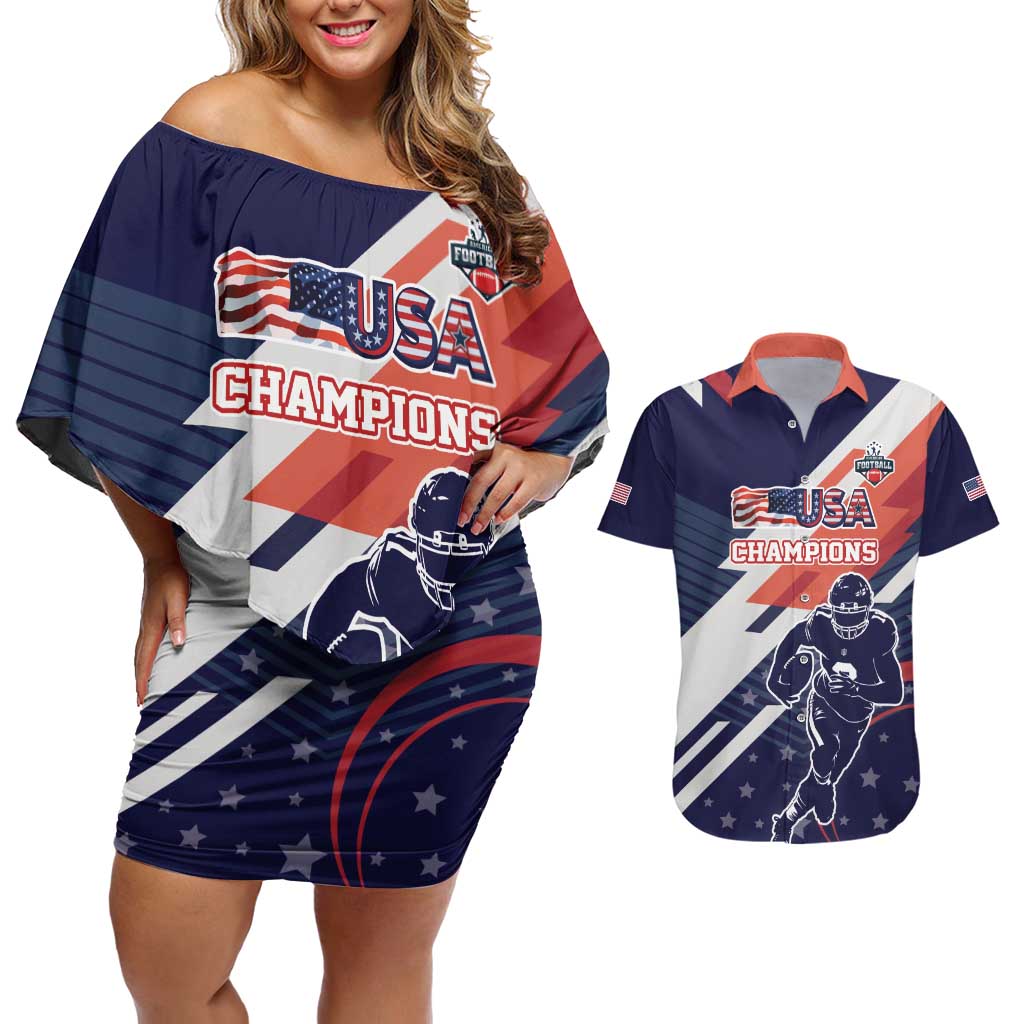 Custom United States American Football Couples Matching Off Shoulder Short Dress and Hawaiian Shirt USA Go Champions Sporty Style