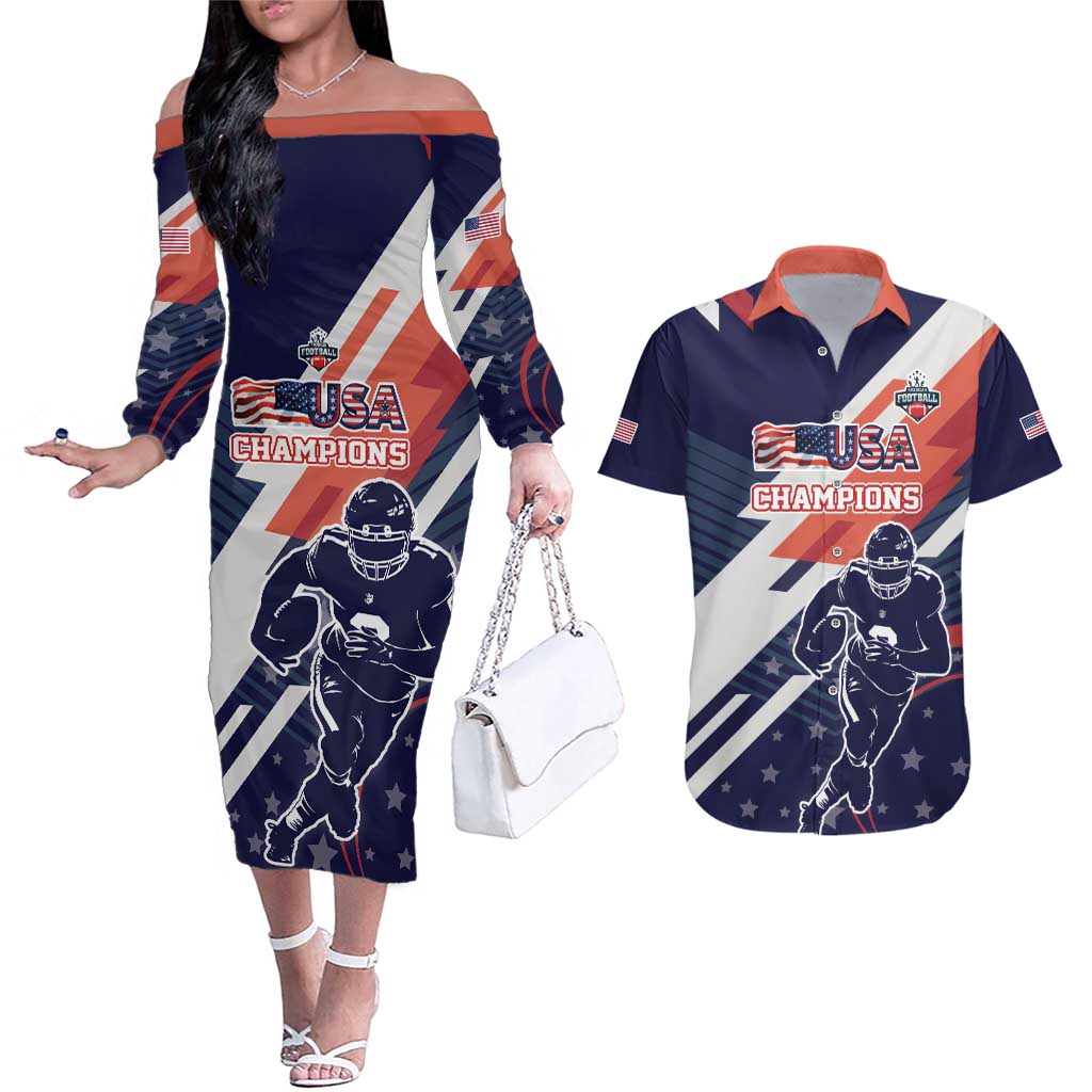 Custom United States American Football Couples Matching Off The Shoulder Long Sleeve Dress and Hawaiian Shirt USA Go Champions Sporty Style