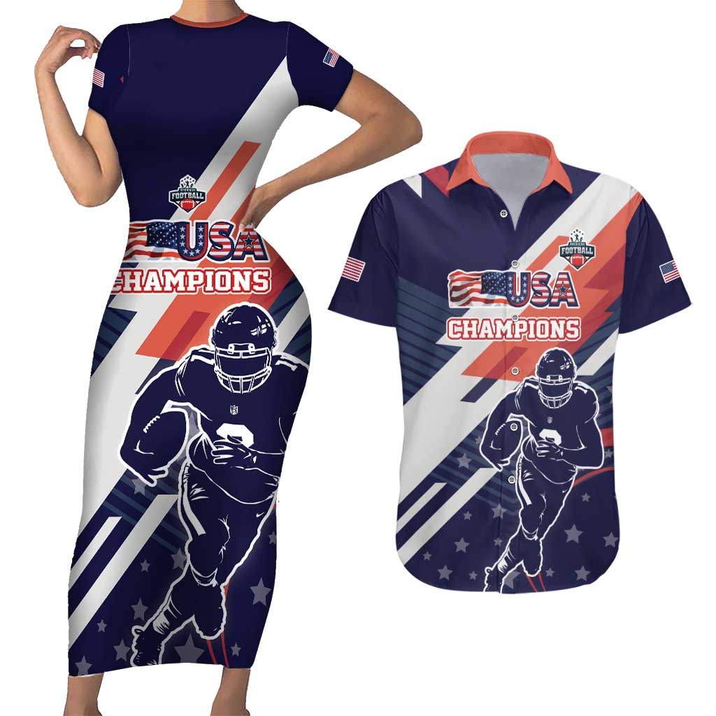 Custom United States American Football Couples Matching Short Sleeve Bodycon Dress and Hawaiian Shirt USA Go Champions Sporty Style