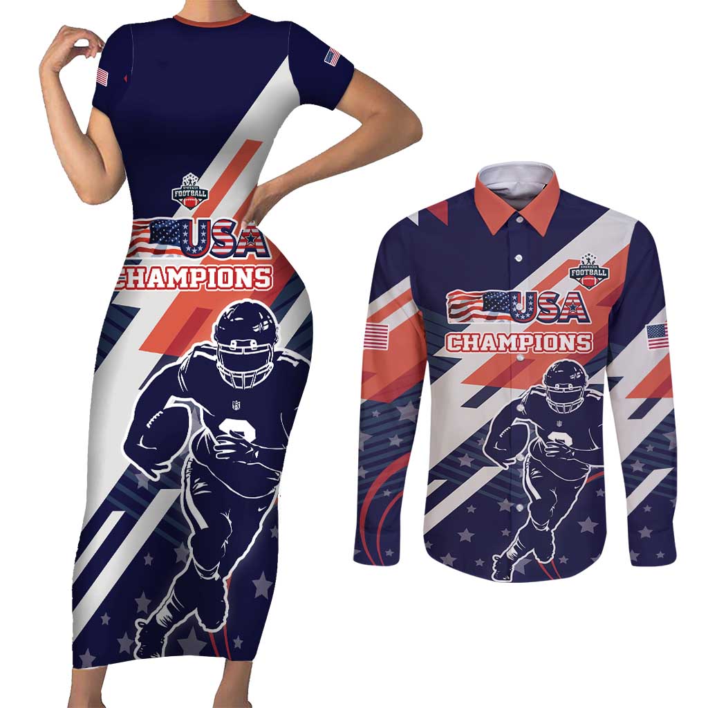 Custom United States American Football Couples Matching Short Sleeve Bodycon Dress and Long Sleeve Button Shirt USA Go Champions Sporty Style