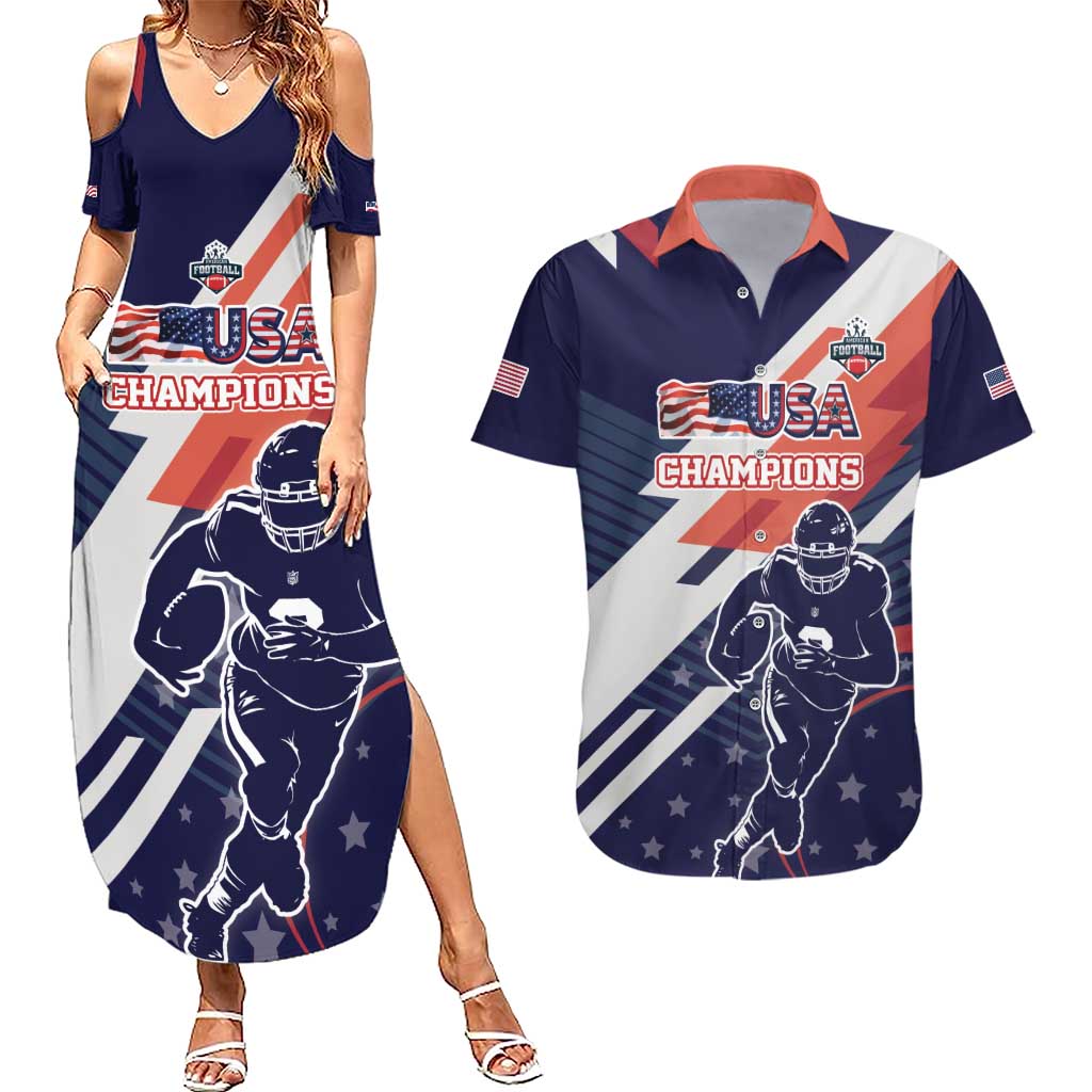 Custom United States American Football Couples Matching Summer Maxi Dress and Hawaiian Shirt USA Go Champions Sporty Style