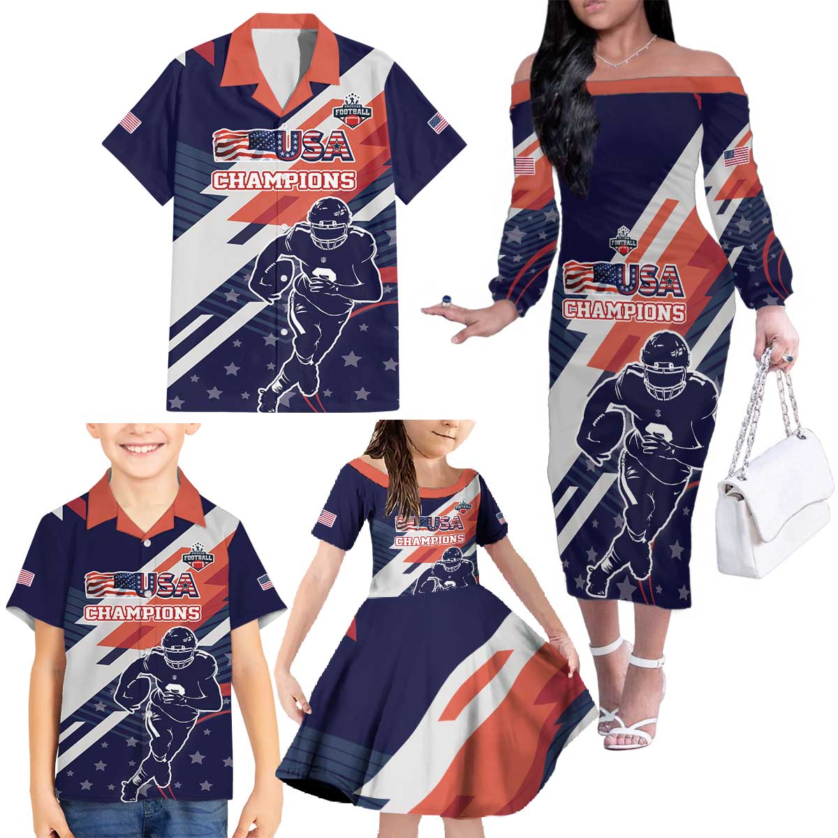 Custom United States American Football Family Matching Off The Shoulder Long Sleeve Dress and Hawaiian Shirt USA Go Champions Sporty Style