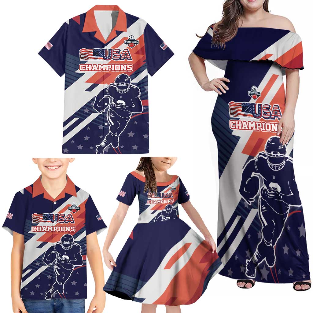 Custom United States American Football Family Matching Off Shoulder Maxi Dress and Hawaiian Shirt USA Go Champions Sporty Style