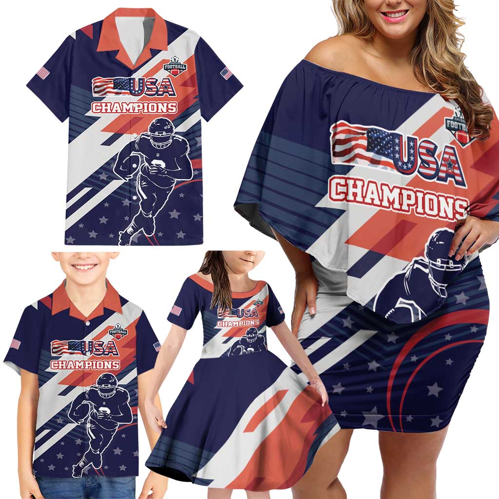 Custom United States American Football Family Matching Off Shoulder Short Dress and Hawaiian Shirt USA Go Champions Sporty Style