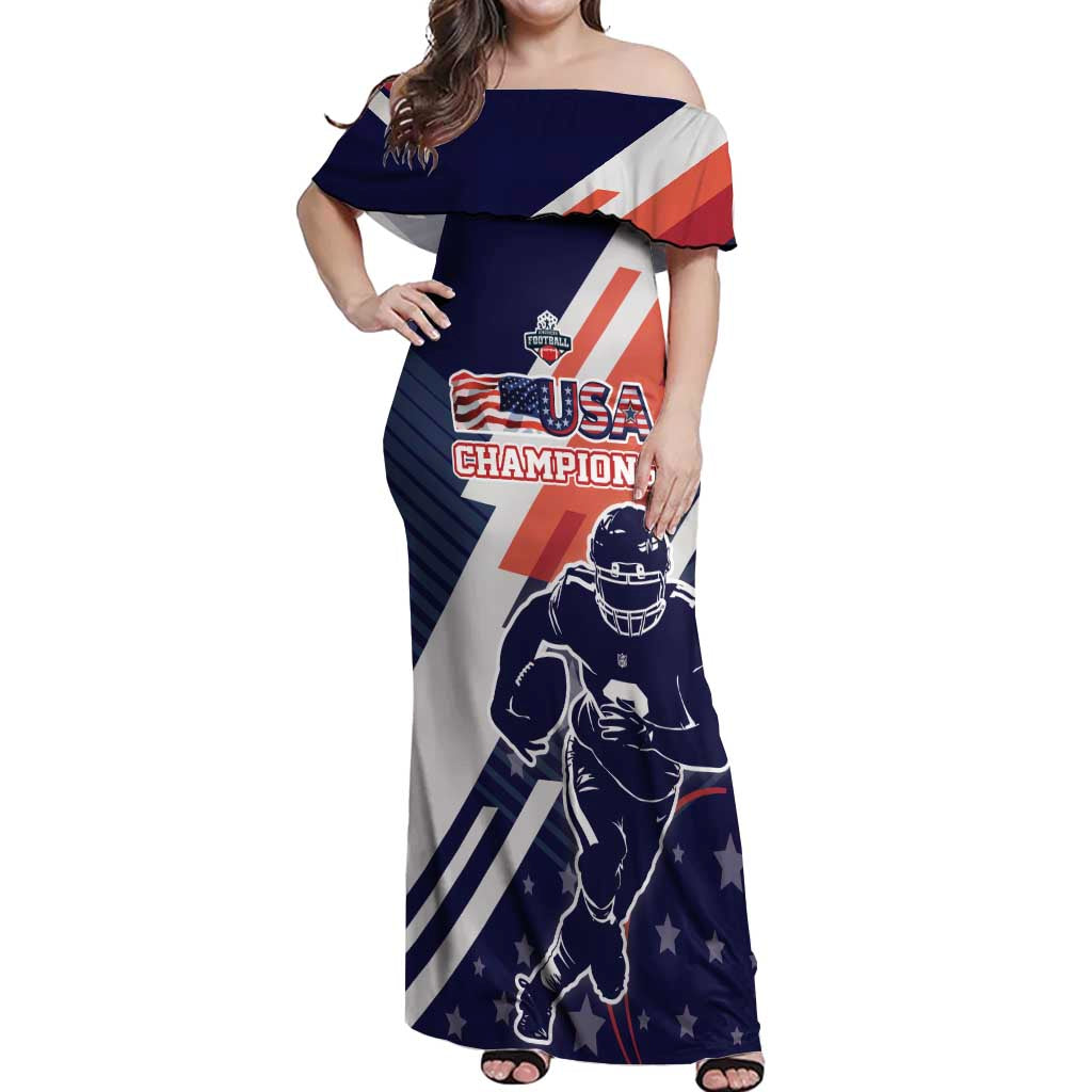 Custom United States American Football Off Shoulder Maxi Dress USA Go Champions Sporty Style