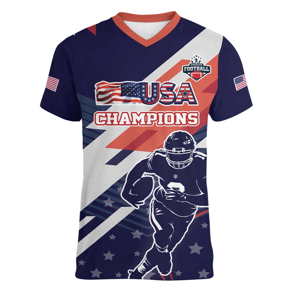 Custom United States American Football Women V-Neck T-Shirt USA Go Champions Sporty Style