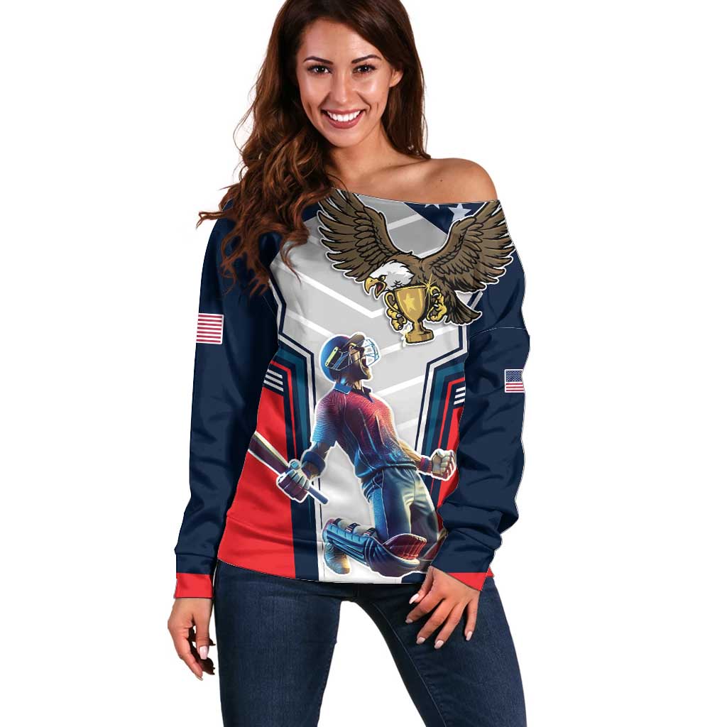 Custom United States Cricket Off Shoulder Sweater USA Go Champions and Eagle Mascot Style