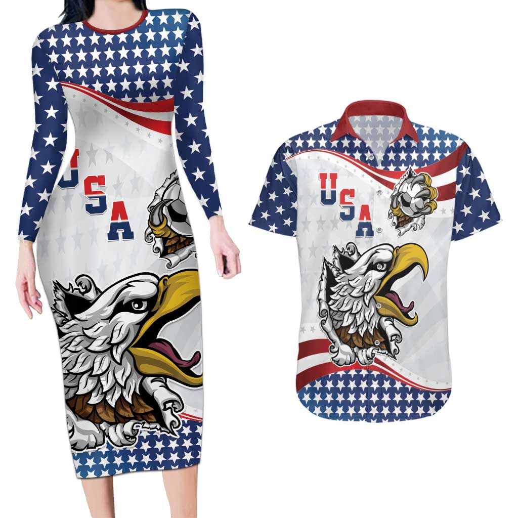 Custom United States Soccer Couples Matching Long Sleeve Bodycon Dress and Hawaiian Shirt USA Eagle Mascot Style