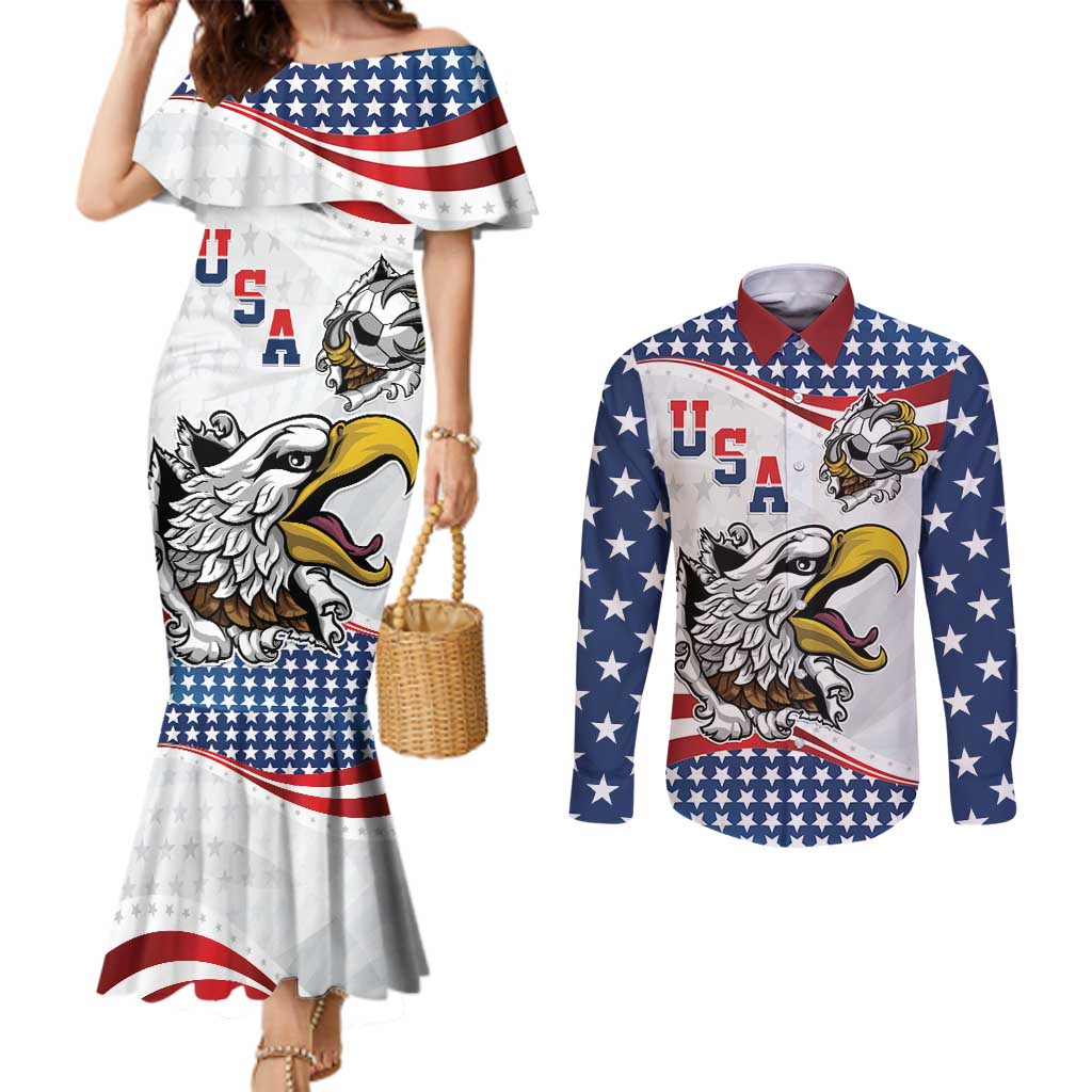 Custom United States Soccer Couples Matching Mermaid Dress and Long Sleeve Button Shirt USA Eagle Mascot Style