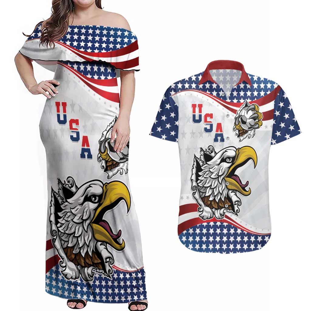 Custom United States Soccer Couples Matching Off Shoulder Maxi Dress and Hawaiian Shirt USA Eagle Mascot Style