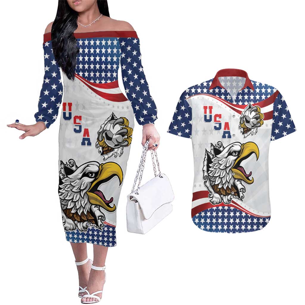 Custom United States Soccer Couples Matching Off The Shoulder Long Sleeve Dress and Hawaiian Shirt USA Eagle Mascot Style