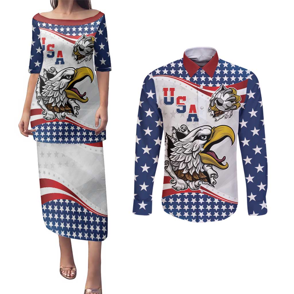 Custom United States Soccer Couples Matching Puletasi and Long Sleeve Button Shirt USA Eagle Mascot Style