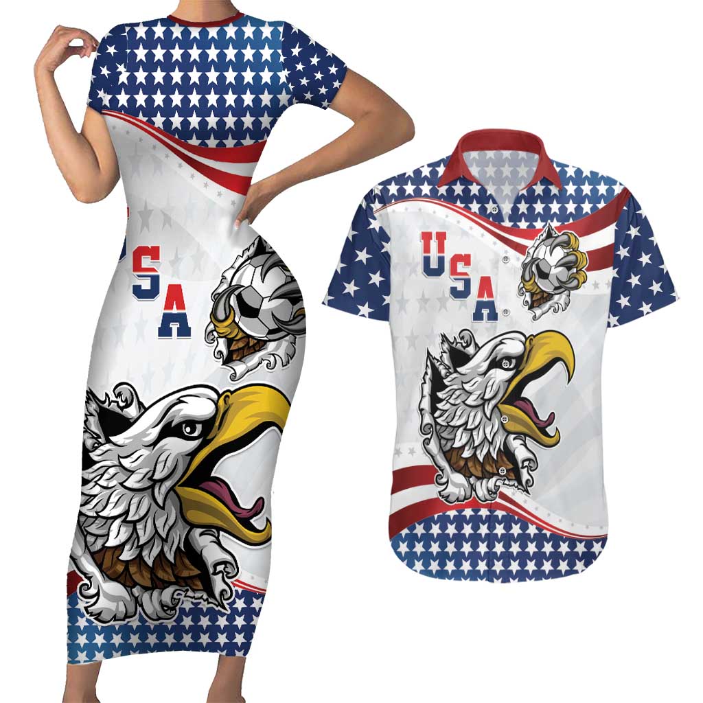 Custom United States Soccer Couples Matching Short Sleeve Bodycon Dress and Hawaiian Shirt USA Eagle Mascot Style